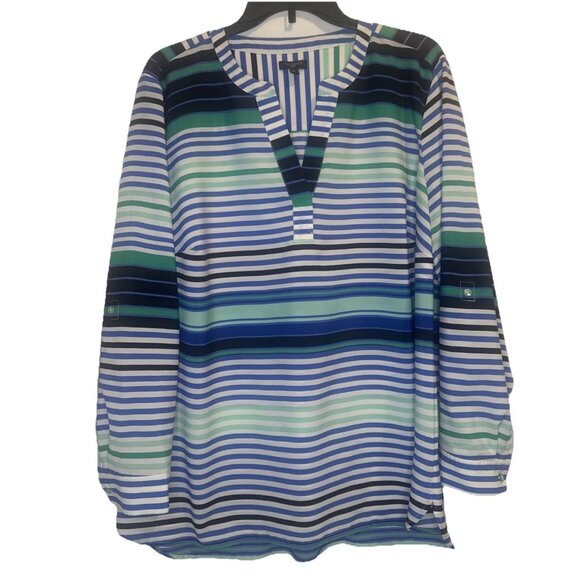 Talbots Women’s Blue Striped Long Roll Tab Sleeve V Neck Tunic Blouse Top Sz 1X - Picture 3 of 8